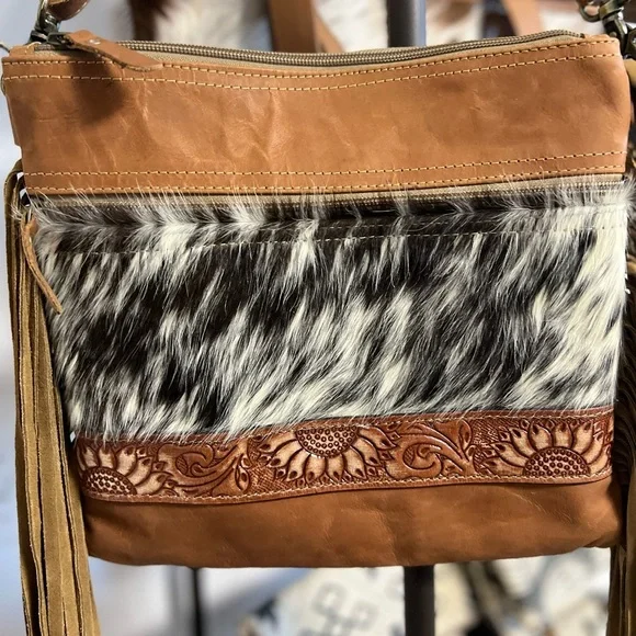 NEW Myra Bag Hand-Tooled Leather Cowhide Fringe crossbody festival flower Gift 💡 - Picture 4 of 9